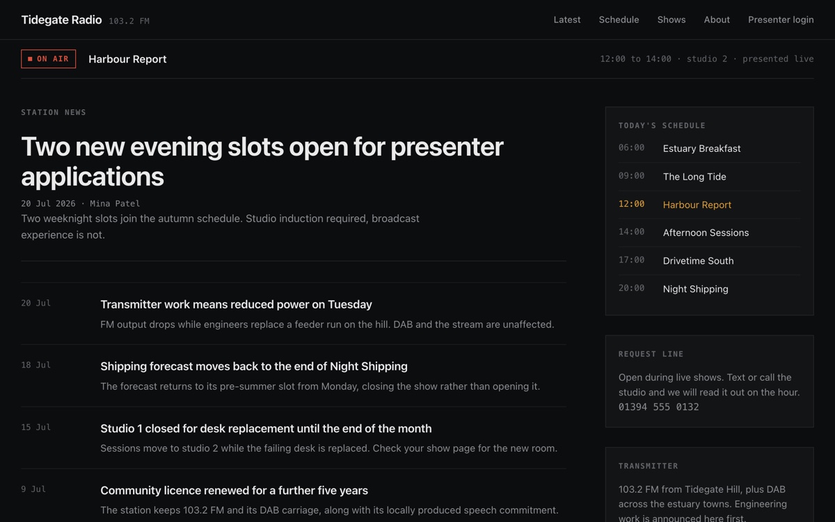 Tidegate Radio community radio station WordPress lab screenshot